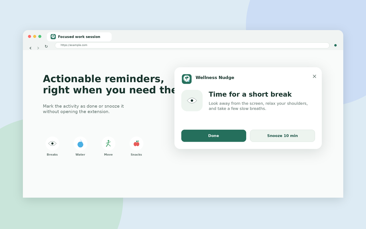 Wellness Nudge desktop notification with Done and Snooze actions