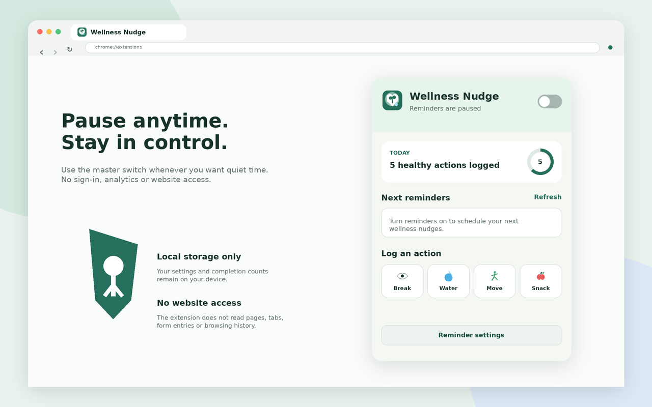 Wellness Nudge pause controls and local privacy information