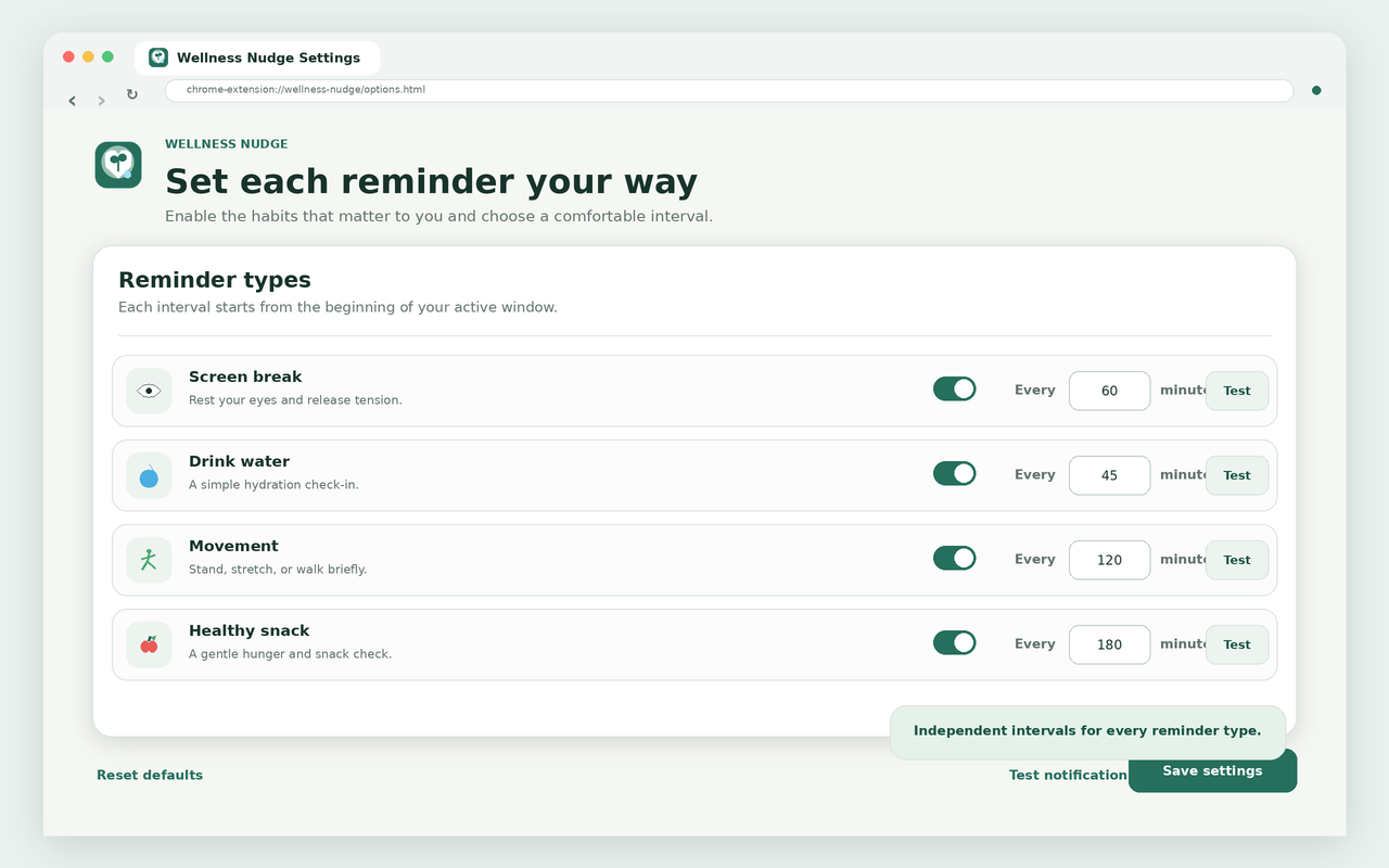 Wellness Nudge reminder settings with independent reminder intervals