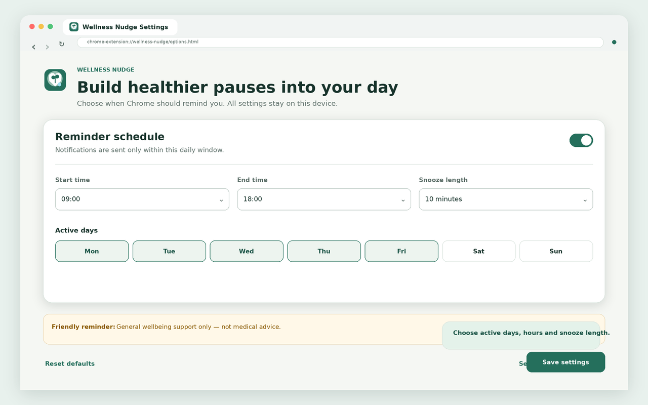 Wellness Nudge schedule settings for active days, hours and snooze duration